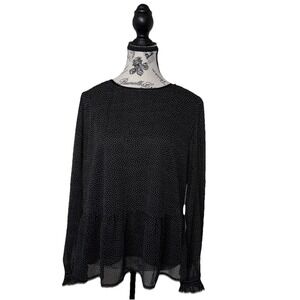 Loft top women's blouse Size L black polka dots long sleeve flutter sleeve fairy
